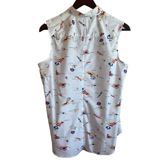 Lands End Women Top 16 White Sleeveless Button Up Beach Summer Novelty Print - Picture 3 of 11